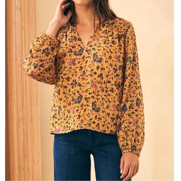Faherty Sage Silk Cotton Top Blouse Leaf Floral Metallic  Size S - Picture 1 of 11